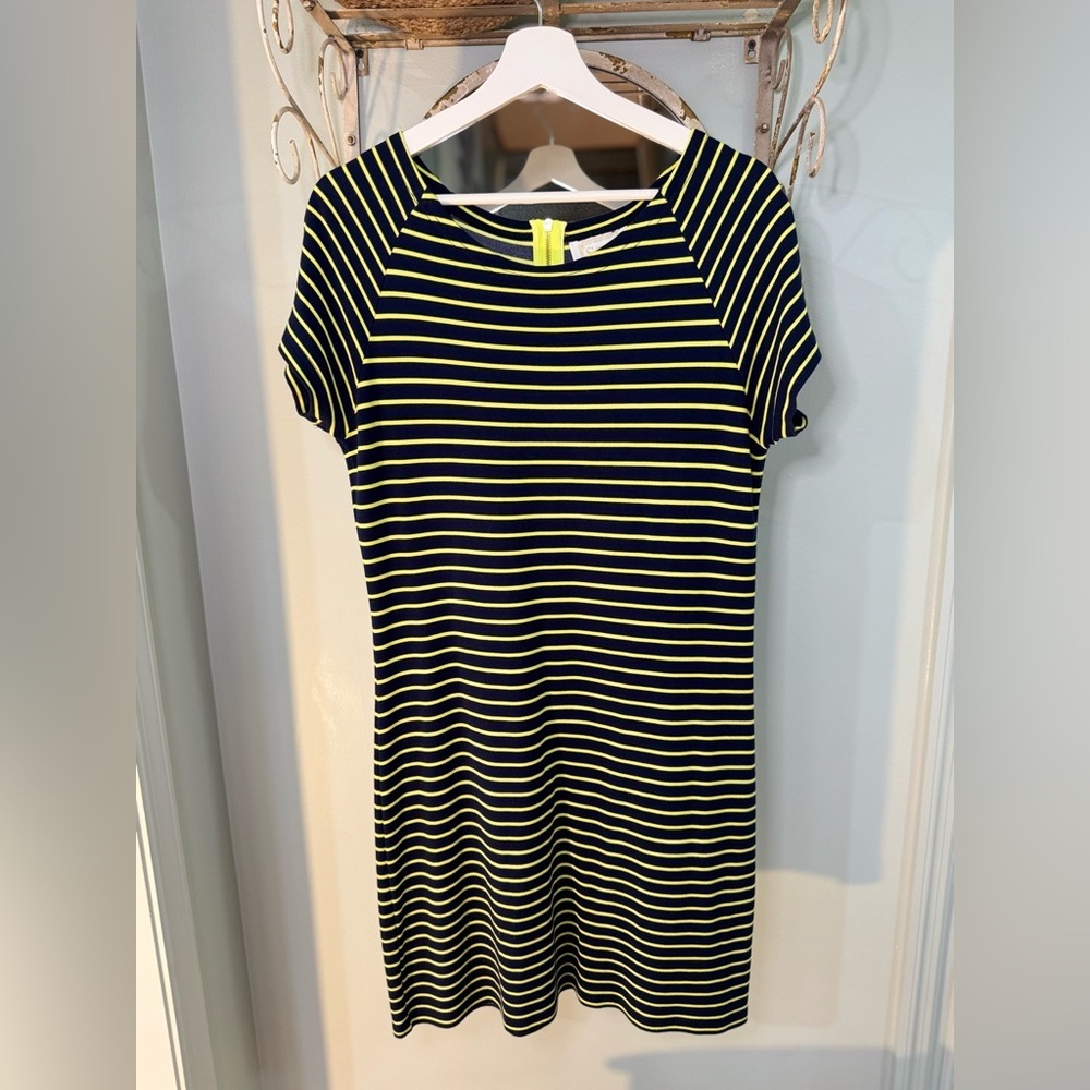 Sail to Sable, Chartreuse and Navy Striped Nautical Tee Shirt Dress, Medium
